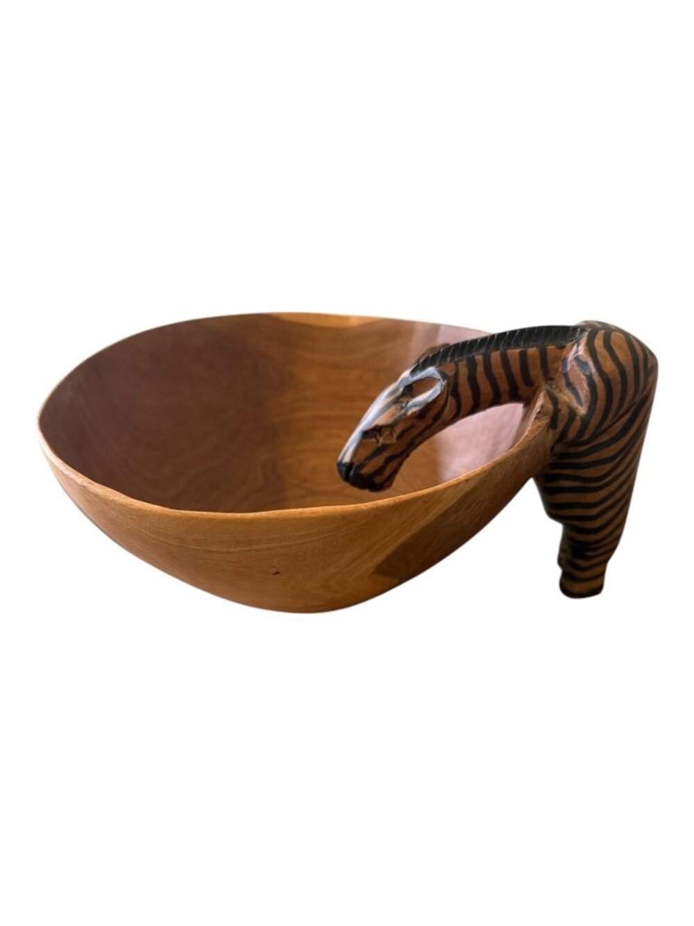 Hand Carved Kenya Wood Zebra Handle Bowl African Folk Art Safari Decor 7 Inch